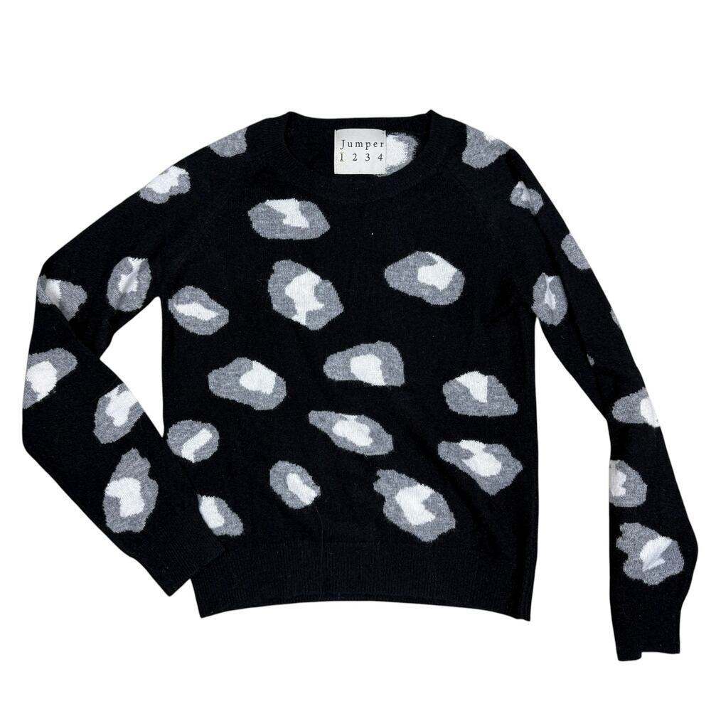 Jumper 1234 100% Cashmere Black And White Leopard Print Sweater Xs Small